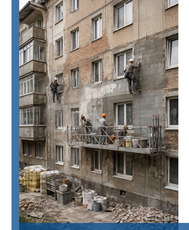 Капитальный ремонт фасада в Гулькевичах с восстановлением и гидроизоляцией