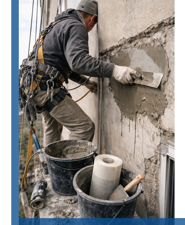 Ремонт бетонных элементов фасада промышленными альпинистами в Гулькевичах