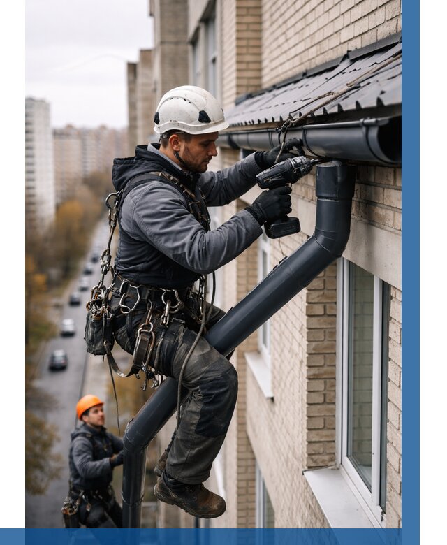 Монтаж водосточной системы на здании в Гулькевичах от 5187 р. | ВЫСОТНИК-Гль