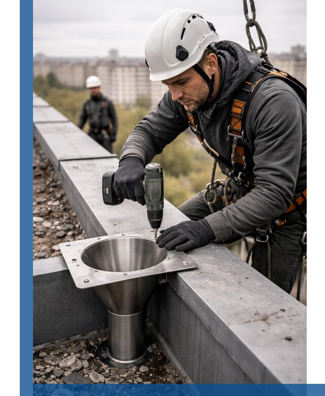 Монтаж водосточных воронок в Гулькевичах для промышленных зданий