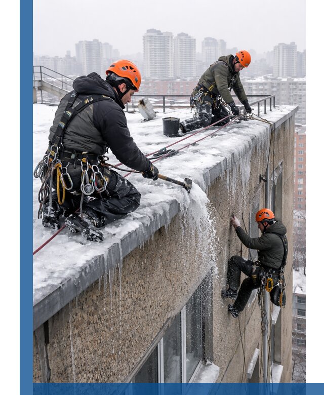 Удаление наледи с кровли в Гулькевичах промышленными альпинистами