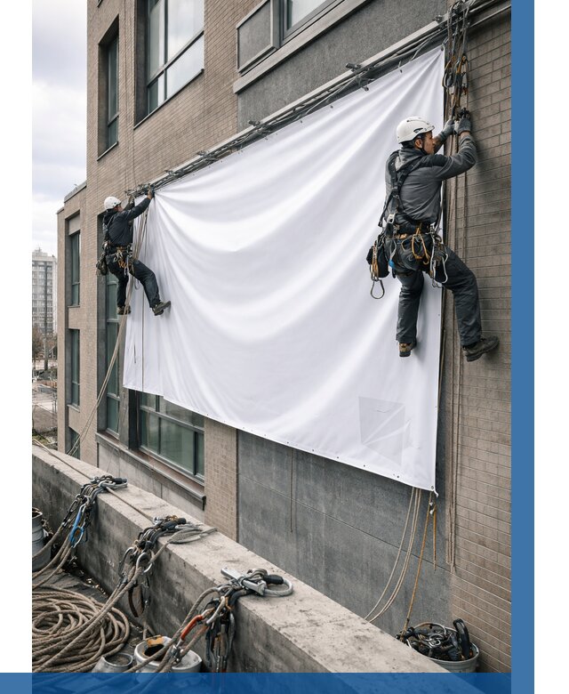 Монтаж баннеров на фасаде в Гулькевичах от 674 р. заказать ВЫСОТНИК-Гль