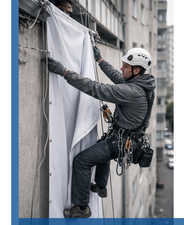 Замена баннерного полотна промышленными альпинистами в Гулькевичах