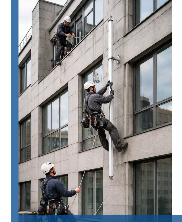Монтаж флагштока на фасаде здания с креплением и герметикой в Гулькевичах