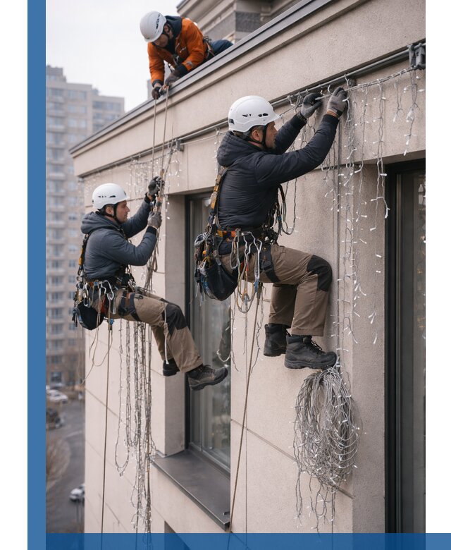 Монтаж праздничных гирлянд на фасаде в Гулькевичах для зданий