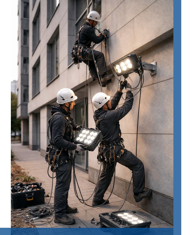 Монтаж прожекторов на фасаде в Гулькевичах от 7781 р. | ВЫСОТНИК-Гль