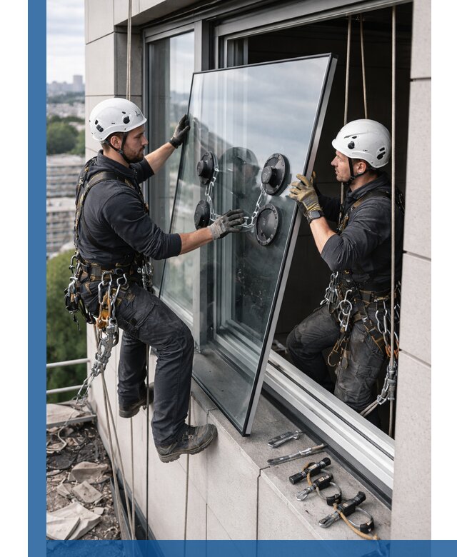 Замена стеклопакетов на высоте с промышленными альпинистами в Гулькевичах