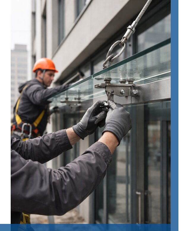 Монтаж стеклянных козырьков в Гулькевичах от 8818 р. | ВЫСОТНИК-Гль