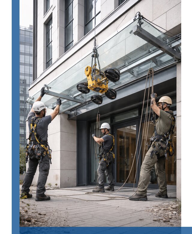 Монтаж стеклянных козырьков под ключ в Гулькевичах для зданий